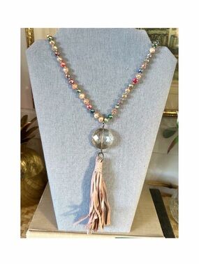 Pink Panache Boho Multicolor Beaded Necklace with Pink Suede Tassel